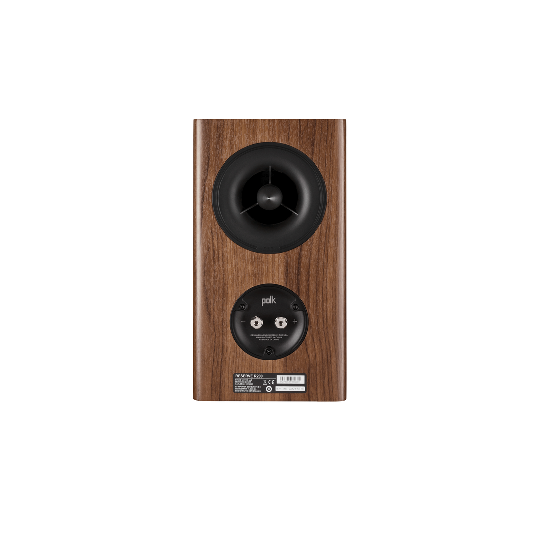 Rear shot of Polk r200 speaker with black driver unit on a white background